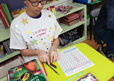 A student at their desk with books and tools